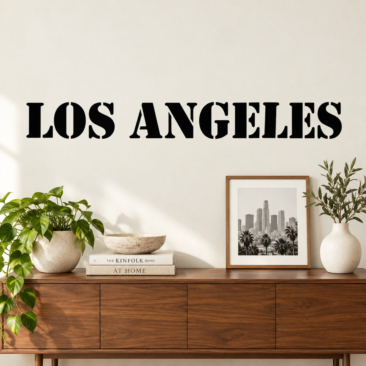 Los Angeles stencil decal, bold black uppercase lettering on light background