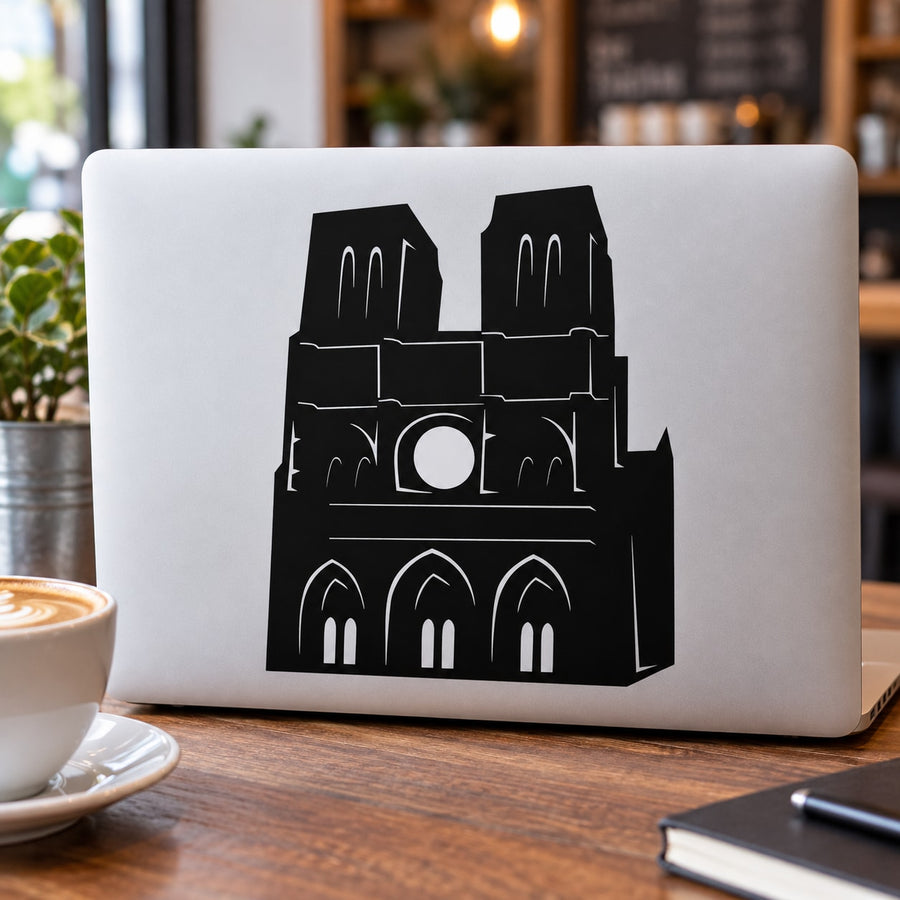 Notre Dame Cathedral Decal — illustrative vinyl decal application mockup. Surrounding objects are not included.