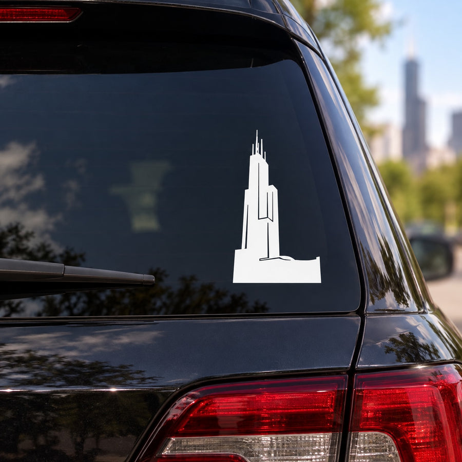 White Willis Tower Chicago decal with tower silhouette on car window
