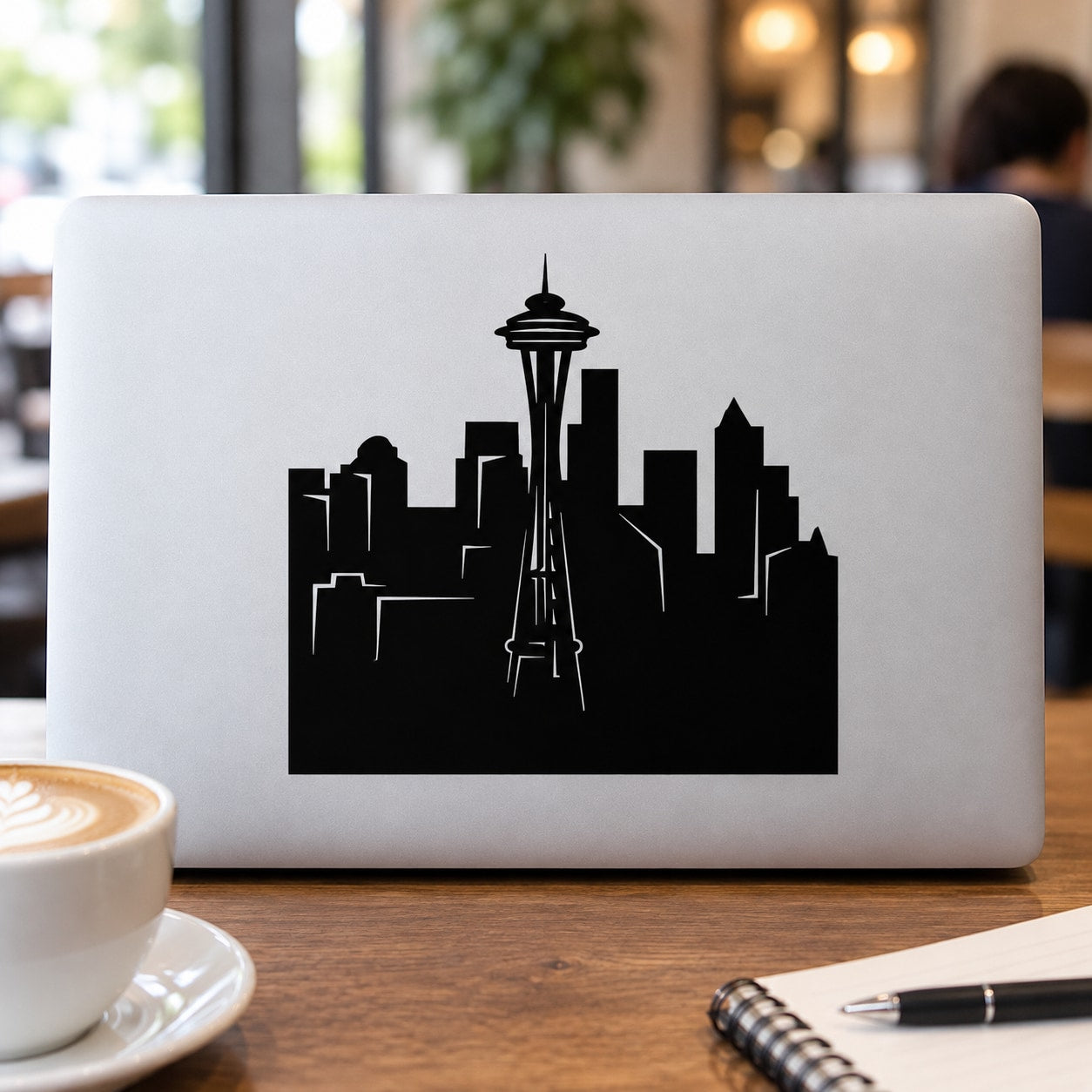 Space Needle skyline decal with black city silhouette on light background