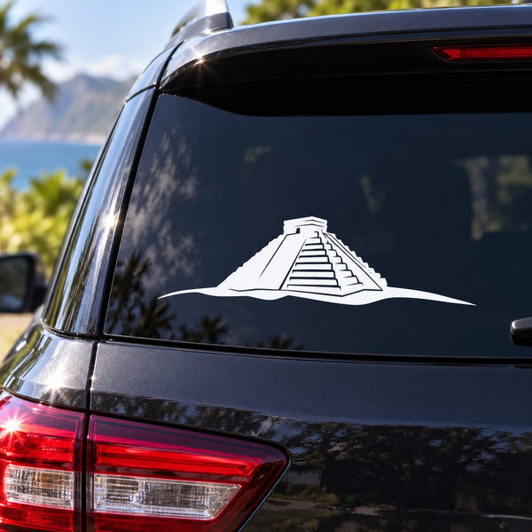 Aztec pyramid Mexico decal on dark car rear window