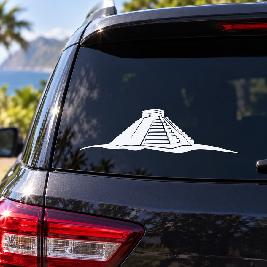 Aztec pyramid Mexico decal on dark car rear window