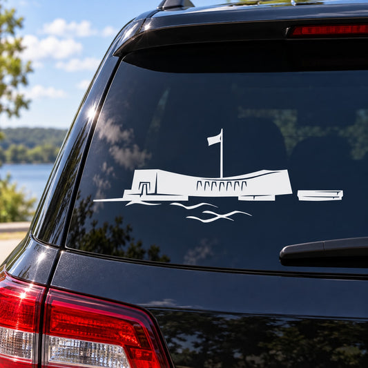 Pearl Harbor memorial decal with white ship silhouette, '1' flag, and wave base