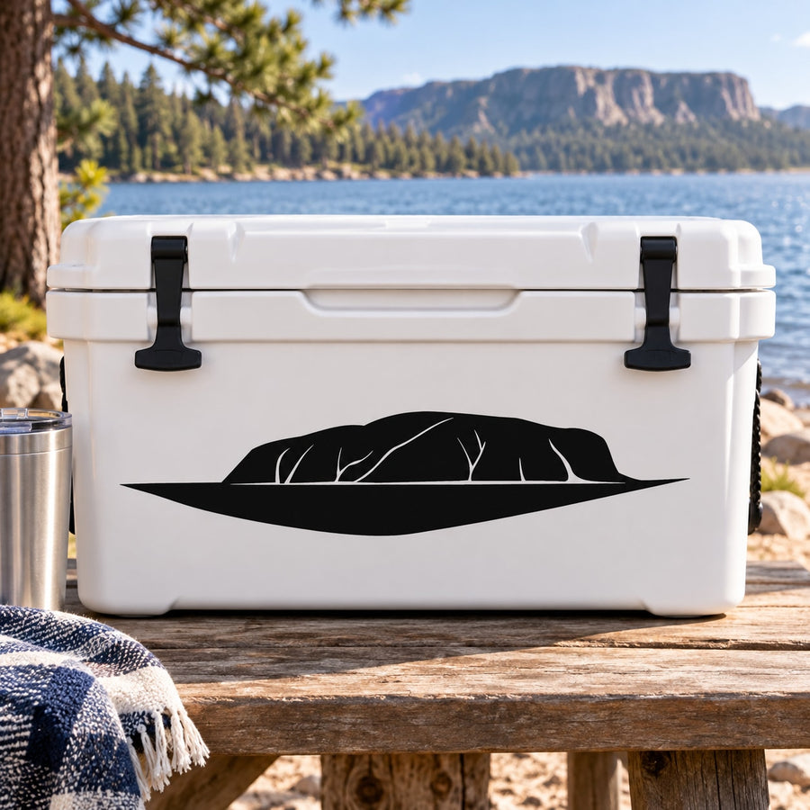 Catalina Island decal with black feather-and-grass leaf silhouette on a cooler