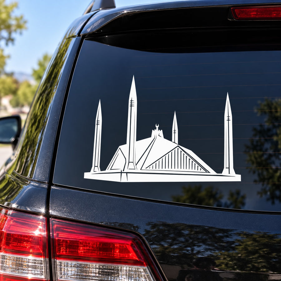 White Faisal Mosque skyline decal with tall minarets and central mosque on a car panel