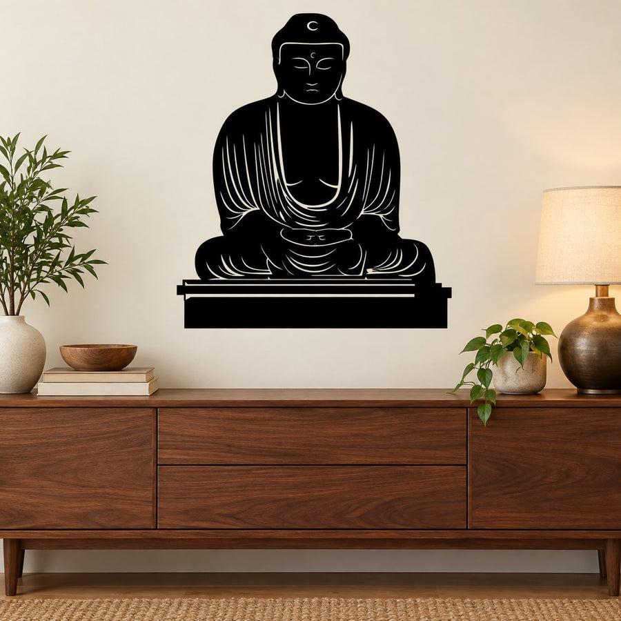 Seated Buddha statue wall decal, black silhouette with halo and lotus base
