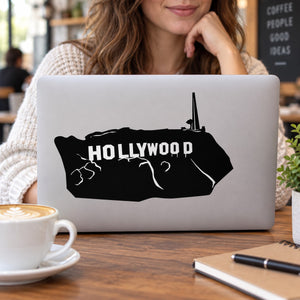 Hollywood sign Los Angeles vinyl decal on matte silver laptop lid, black design