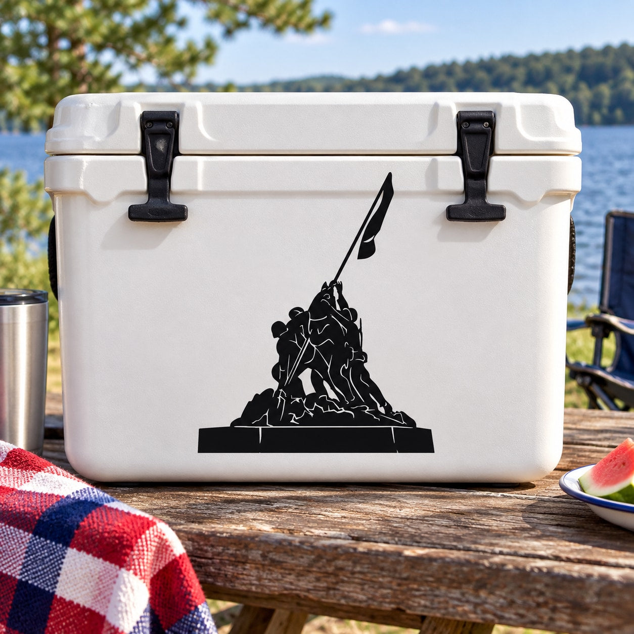Black Iwo Jima memorial statue silhouette decal, applied to a white cooler