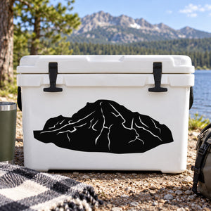 Volcano mountain decal with black mountain silhouette on a white cooler