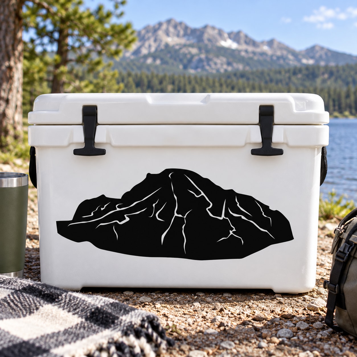 Volcano mountain decal with black mountain silhouette on a white cooler