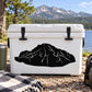 Volcano mountain decal with black mountain silhouette on a white cooler