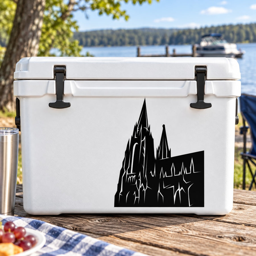 Black cathedral silhouette decal on a white cooler lid