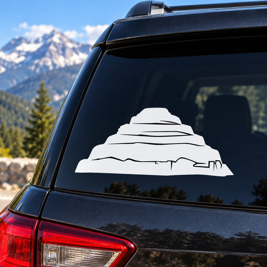 White layered mountain island decal on car rear window