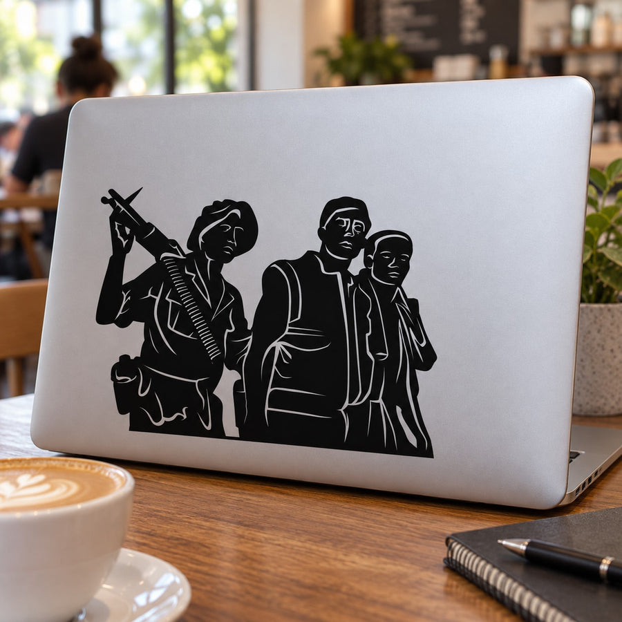 Veteran memorial wall decal with black silhouette of soldier with rifle and two figures