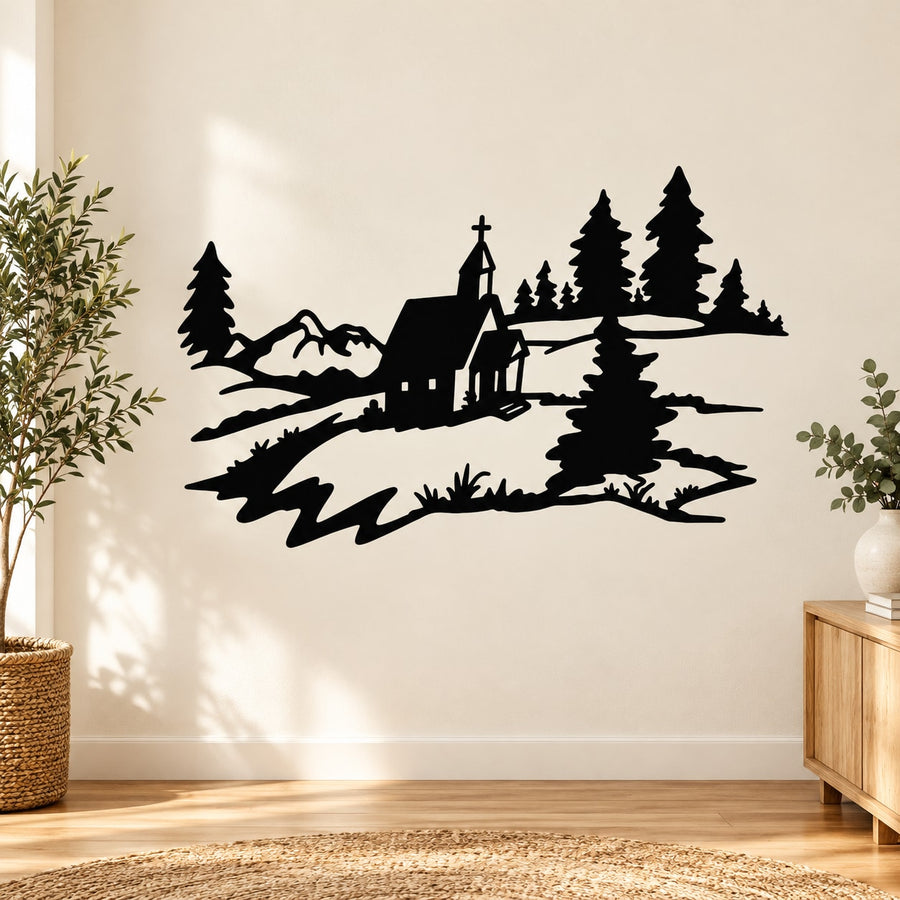 Black landscape house and forest wall decal silhouette