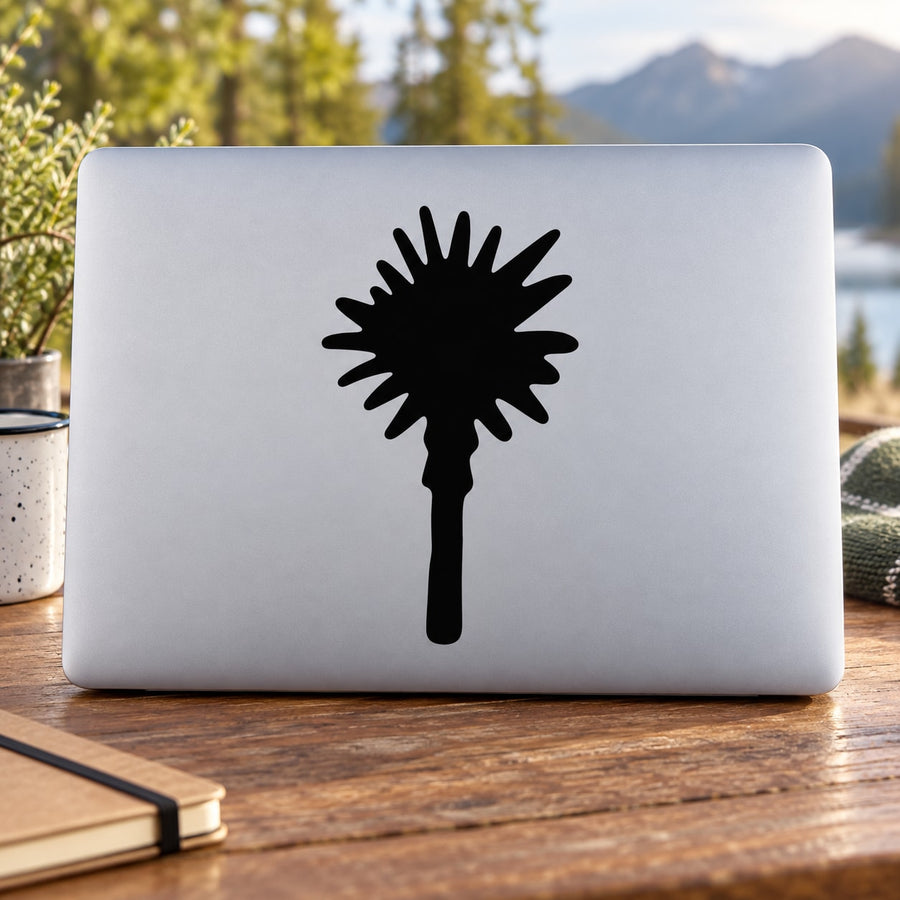 Black palm tree vinyl wall decal with sunburst canopy silhouette