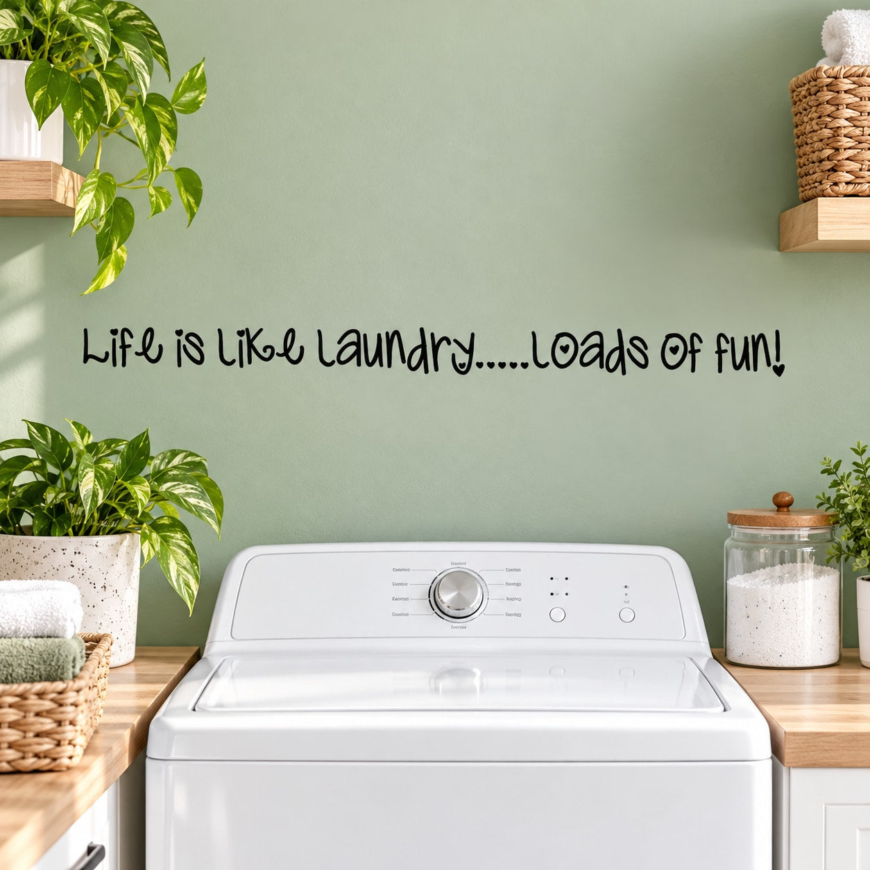 Laundry quote wall decal reading 'Life is like laundry... loads of fun!'