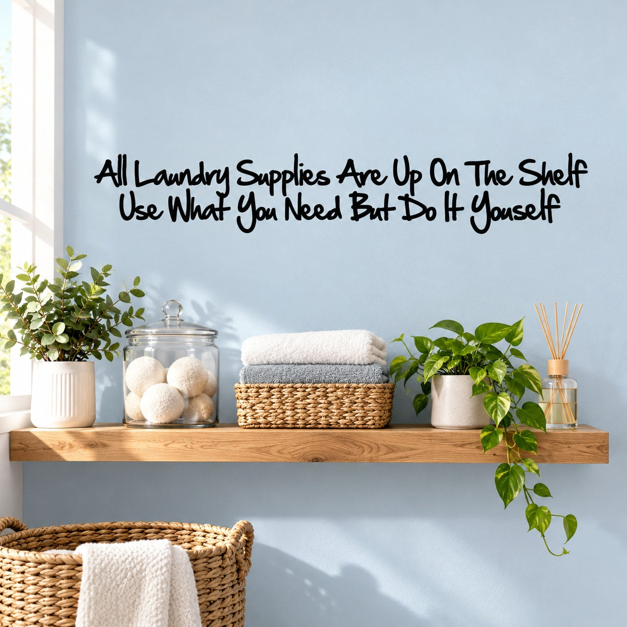 Laundry supplies wall decal text: “Up on the Shelf, Use What You Need”