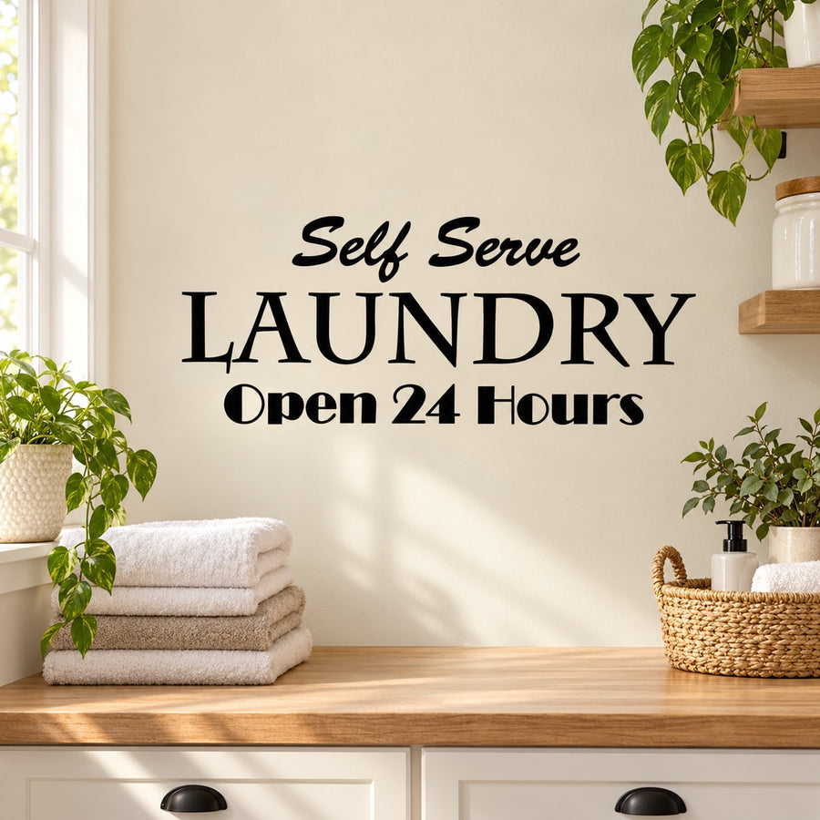 Laundry wall decal with cursive "Self Serve" and bold "LAUNDRY Open 24 Hours" text