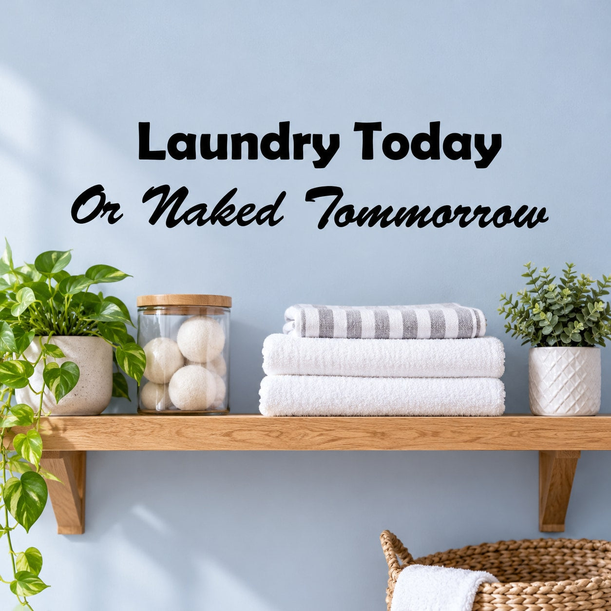 Laundry wall decal with text: Laundry Today Or Naked Tomorrow, black and script lettering