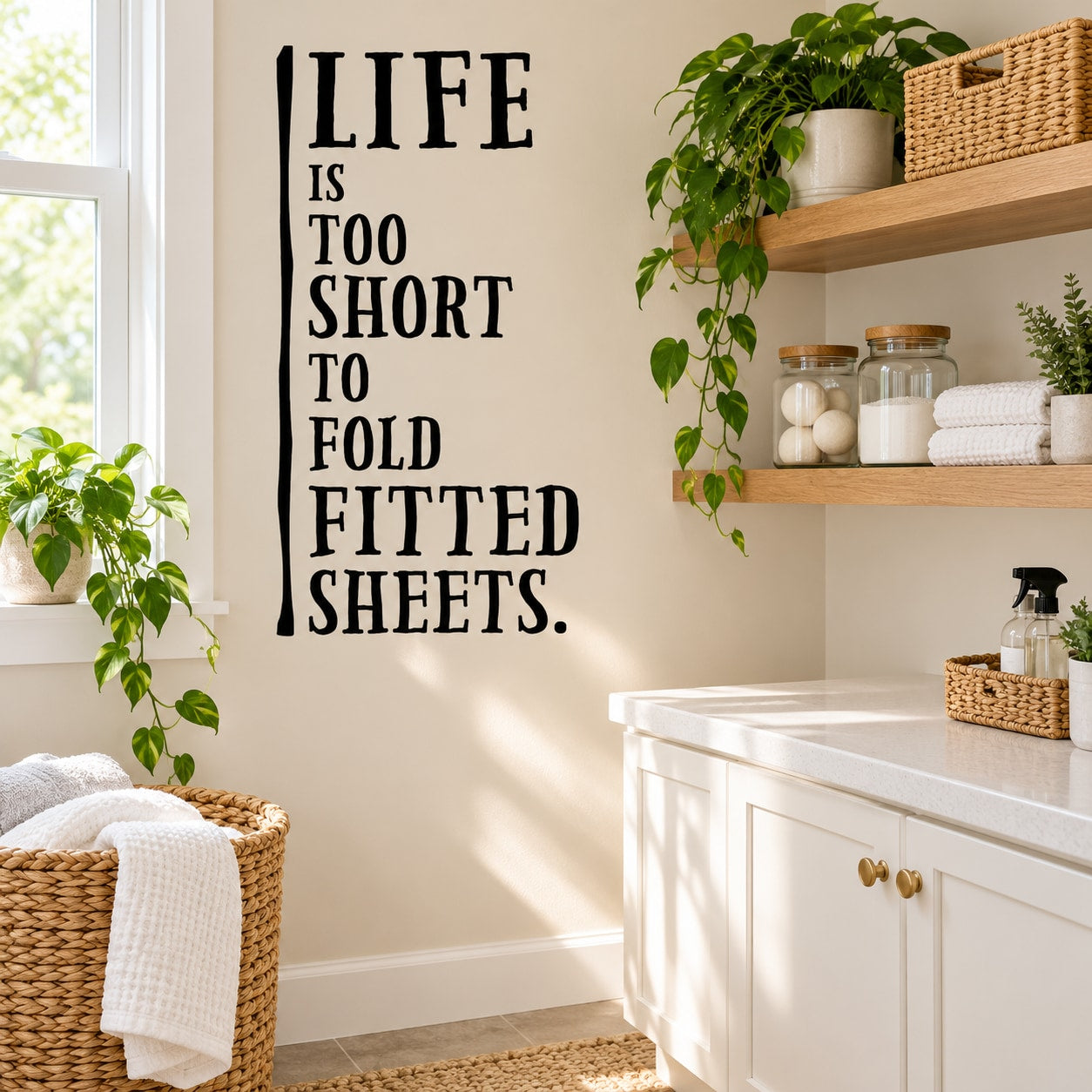 Wall decal with quote: LIFE IS TOO SHORT TO FOLD FITTED SHEETS.