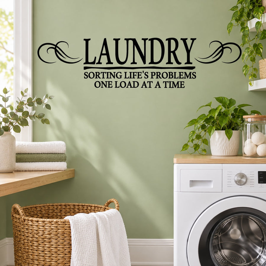 Laundry wall decal with bold LAUNDRY text and quote: Sorting life's problems, one load at a time