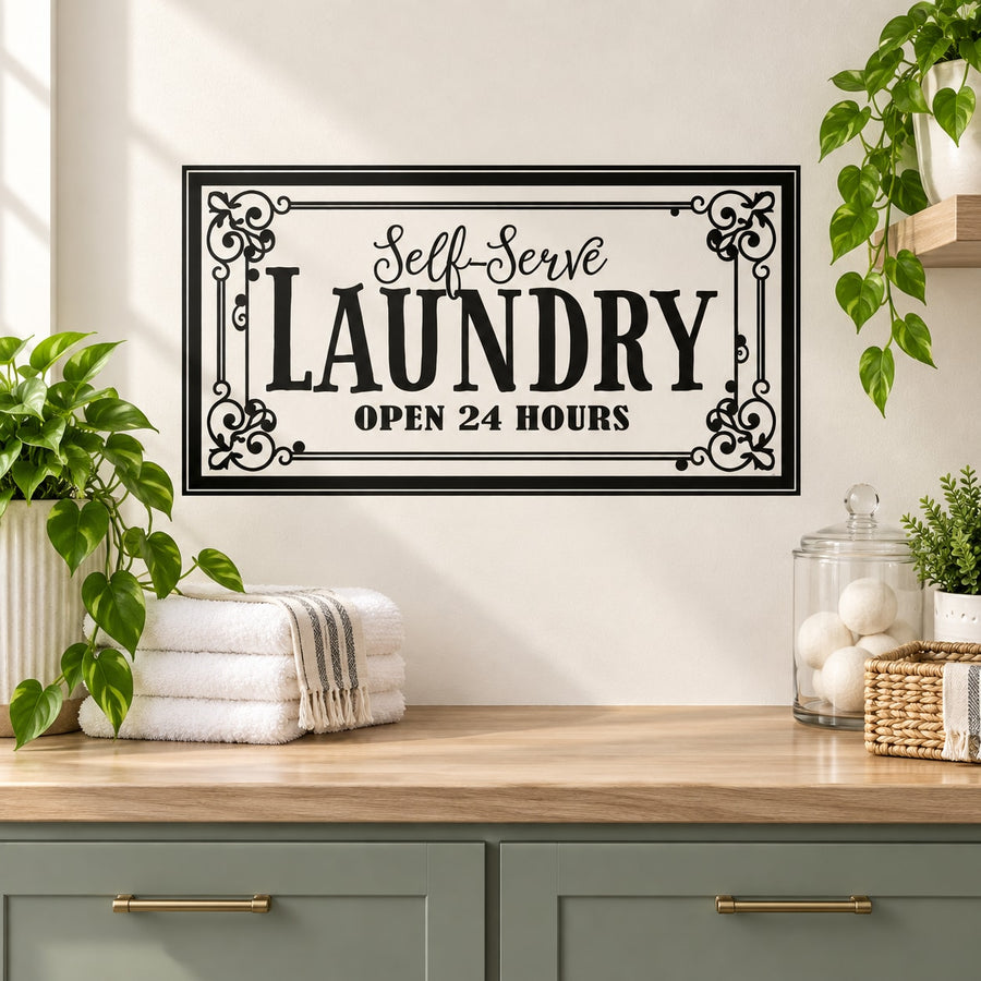 Black self-serve laundry wall decal with ornate border, Self Serve Laundry and Open 24 hours.