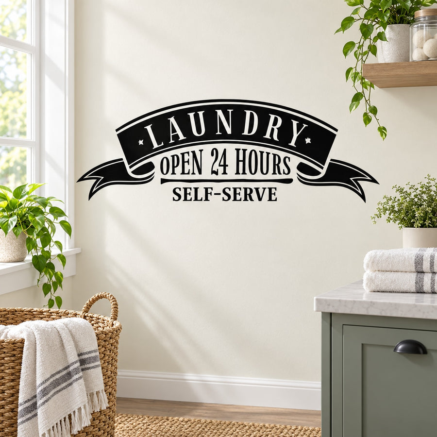 Laundry wall decal reading "Open 24 Hours" and "Self-Serve" on ribbon banner