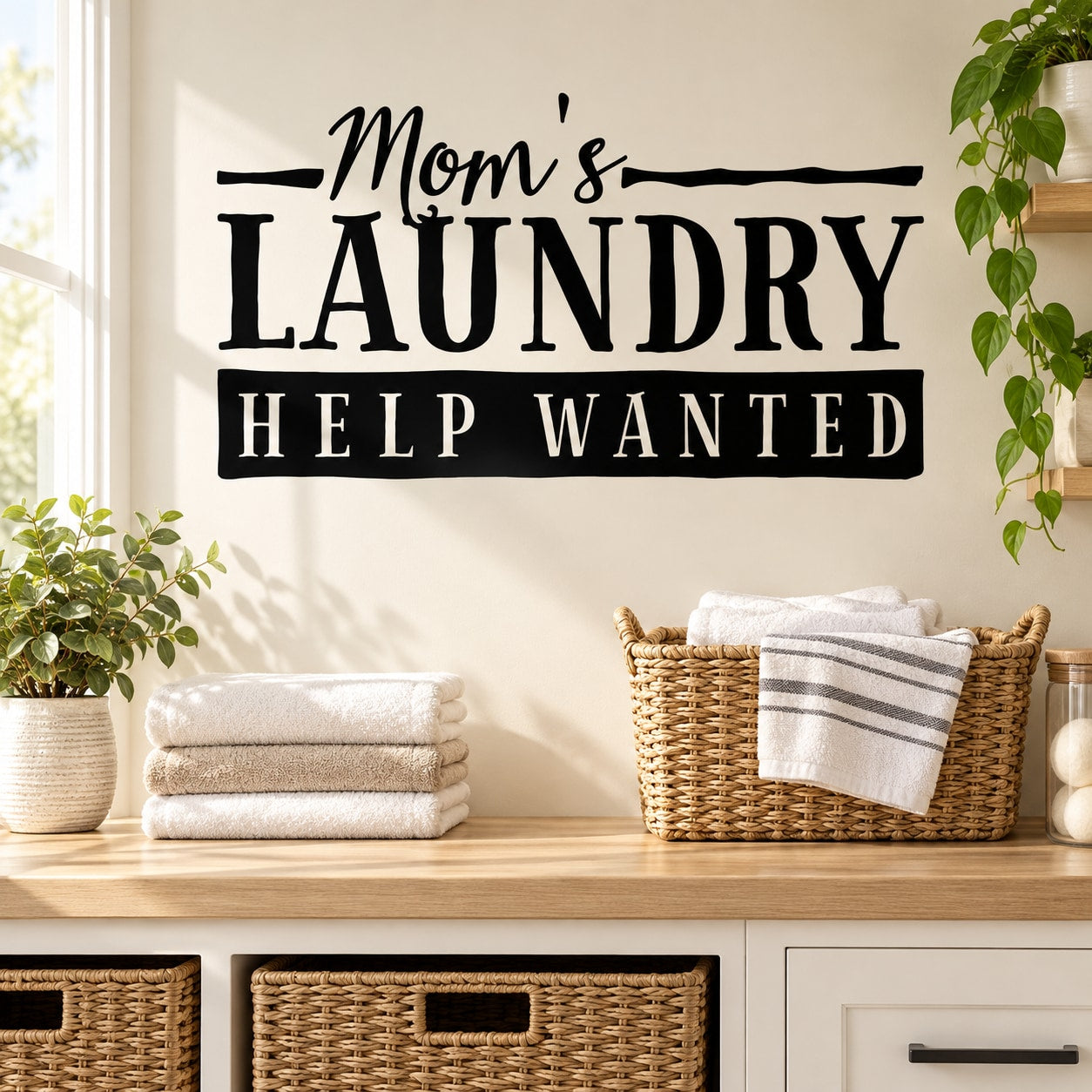Laundry wall decal reading “Mom’s Laundry Help Wanted”