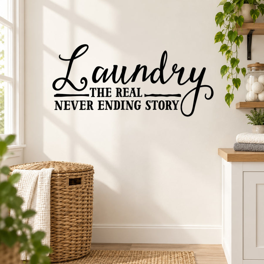 Laundry wall decal with 'THE REAL NEVER ENDING STORY' lettering in black