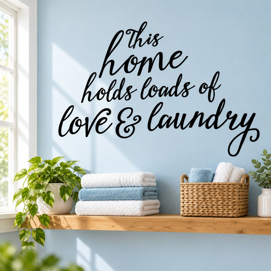 Black script wall decal: 'This home holds loads of love & laundry'.