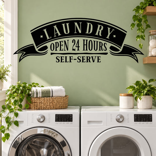 Laundry room wall decal: arched banner text 'OPEN 24 HOURS' and 'SELF-SERVE'.