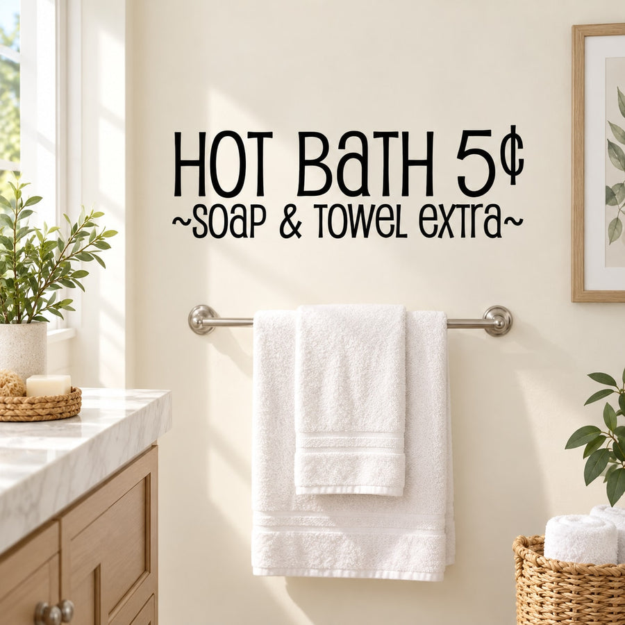 Bathroom wall decal with towel graphic and 'HOT Bath 5¢ ~SOAP & TOWEL EXTRA~' text