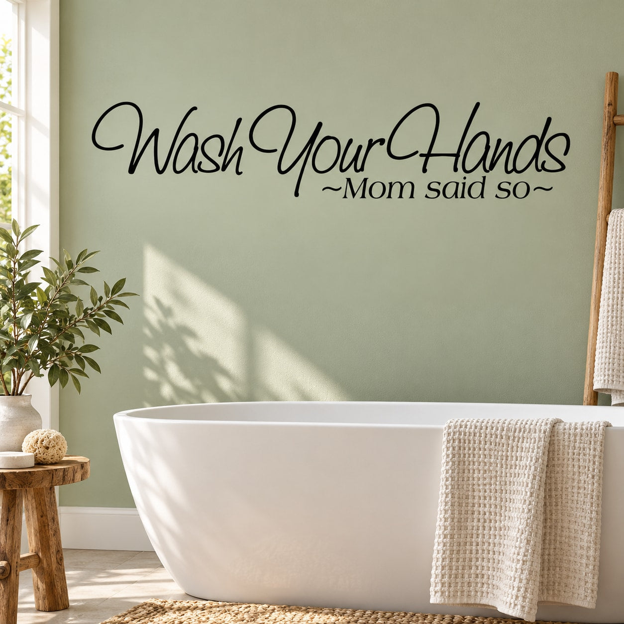 Wall decal with cursive black Wash Your Hands and Mom said so text