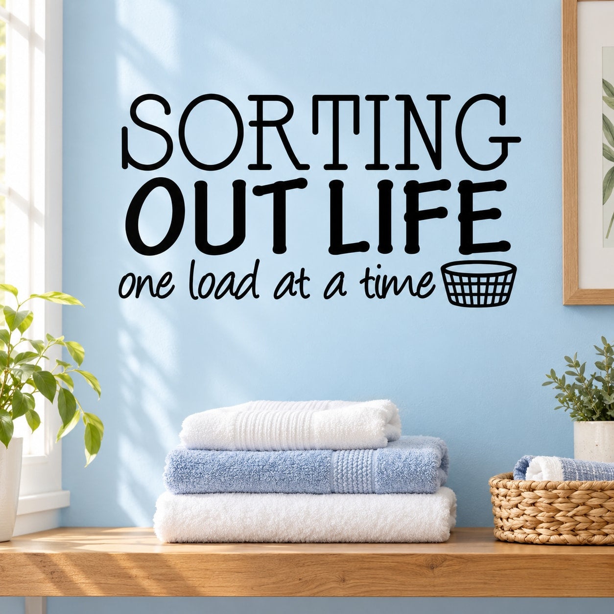 Laundry-themed wall decal with 'SORTING OUT LIFE' and 'one load at a time' text