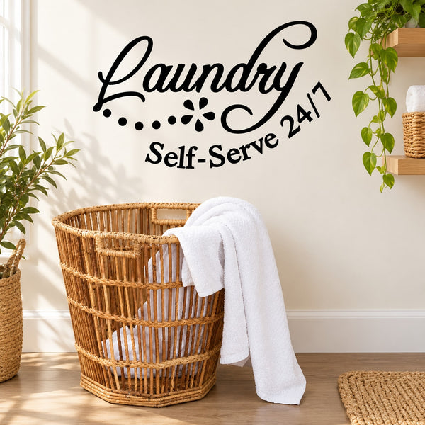 Laundry self-serve wall decal with script “Laundry Self-Serve 24/7” text design