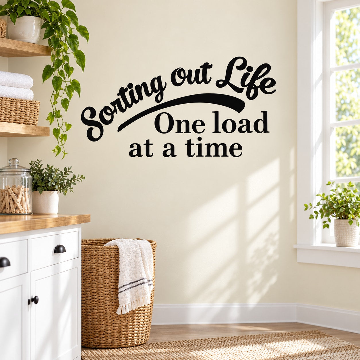 Black cursive wall decal: 'Sorting out Life, One load at a time'