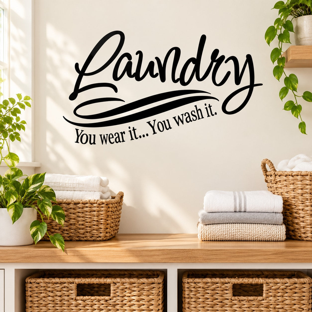 Laundry wall decal in cursive with 'You wear it, You wash it' text