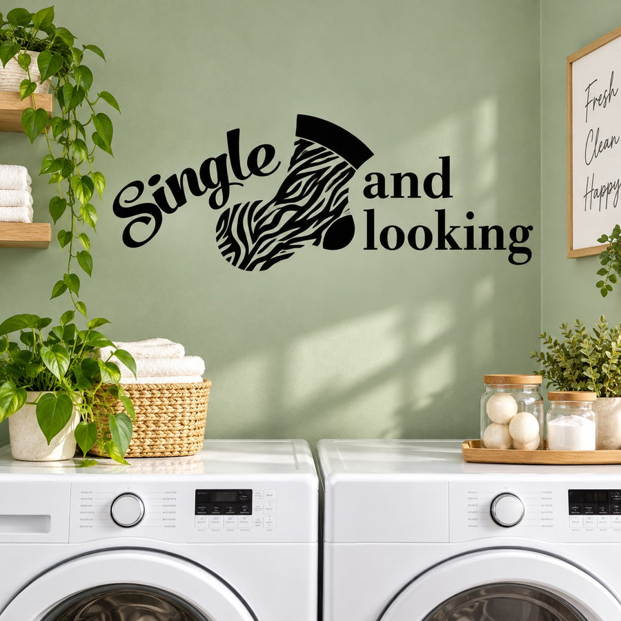 Laundry wall decal: “Single and Looking” with zebra heart graphic.