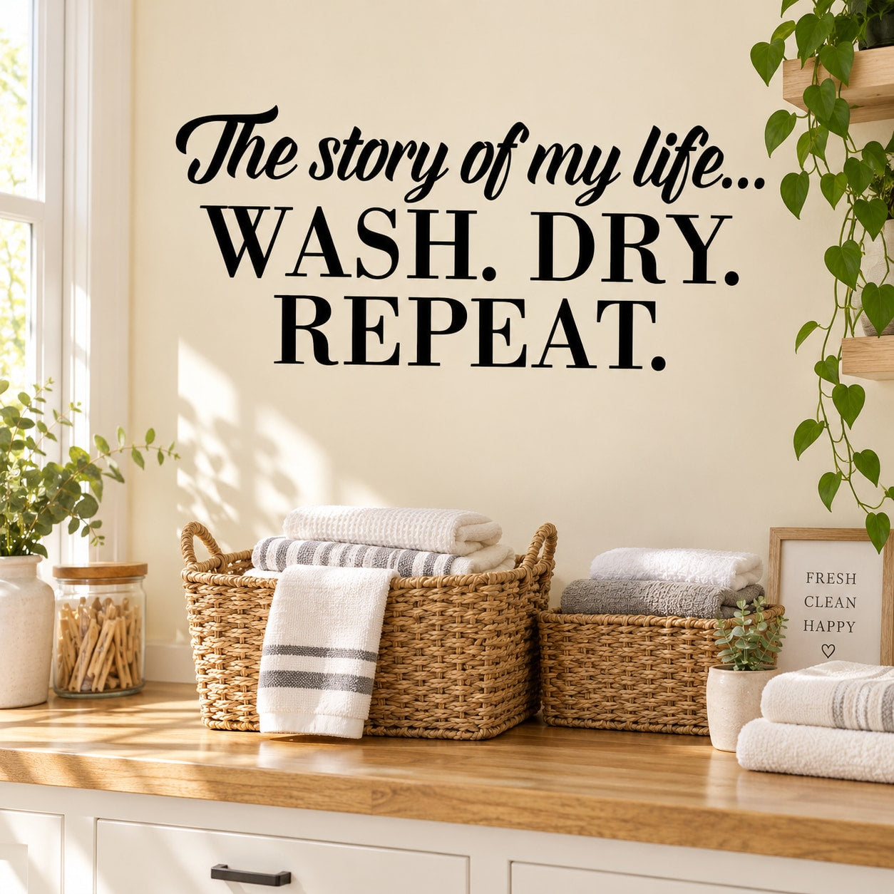 Wall decal text: "The story of my life... WASH, DRY, REPEAT."