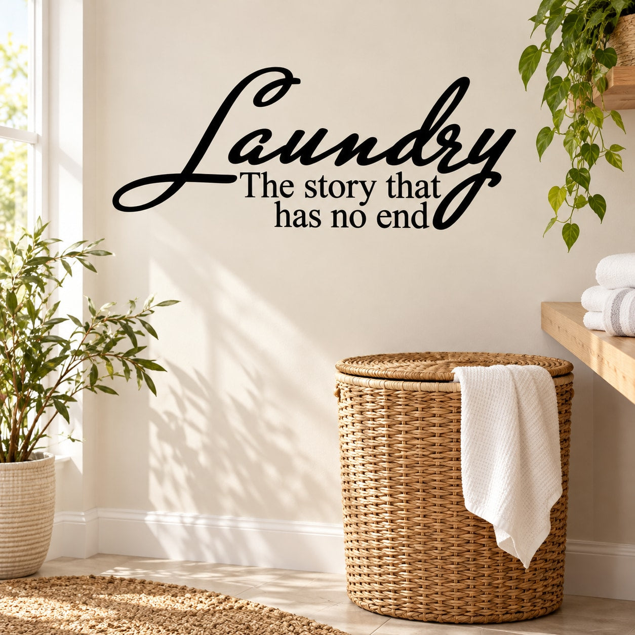 Laundry wall decal with script text and tagline, black lettering on light background