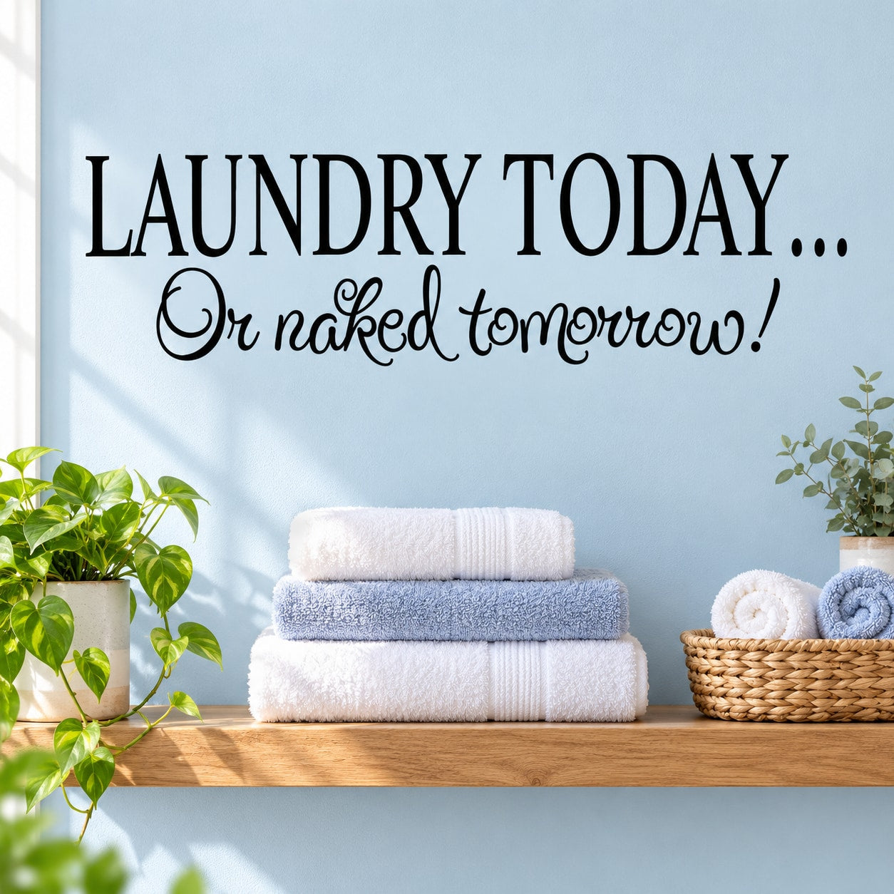 Laundry wall decal: "LAUNDRY TODAY... Or naked tomorrow!"