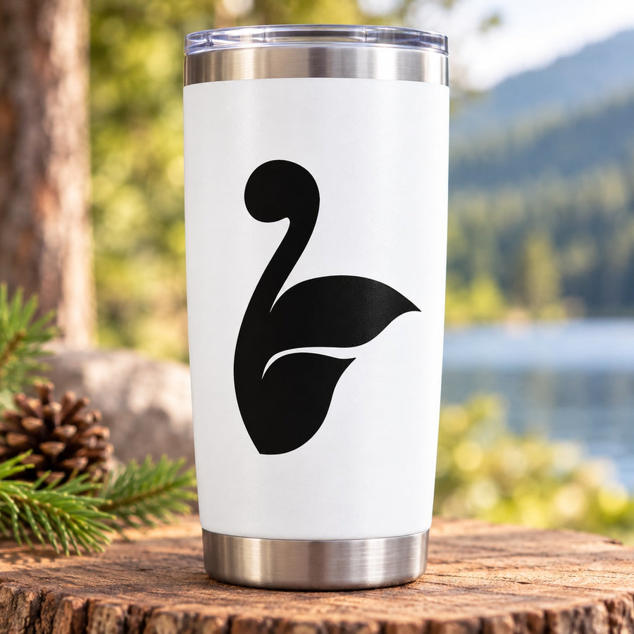 Black stylized number decal with curved flourish on a white tumbler
