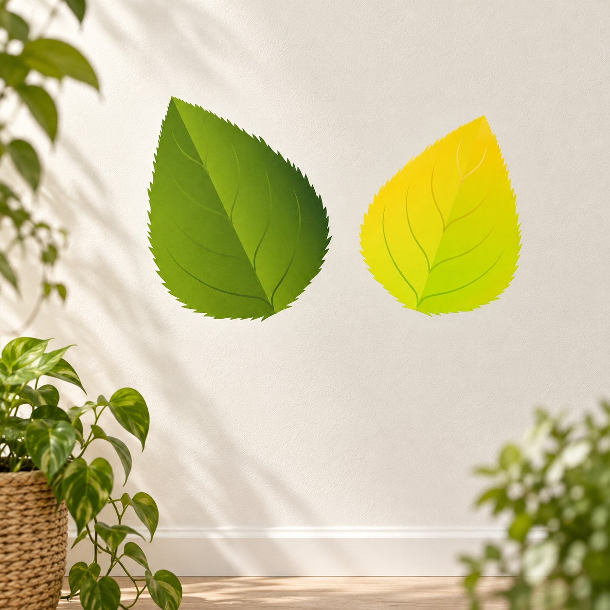 Leaf-shaped graphic stickers, two designs: green and yellow leaves