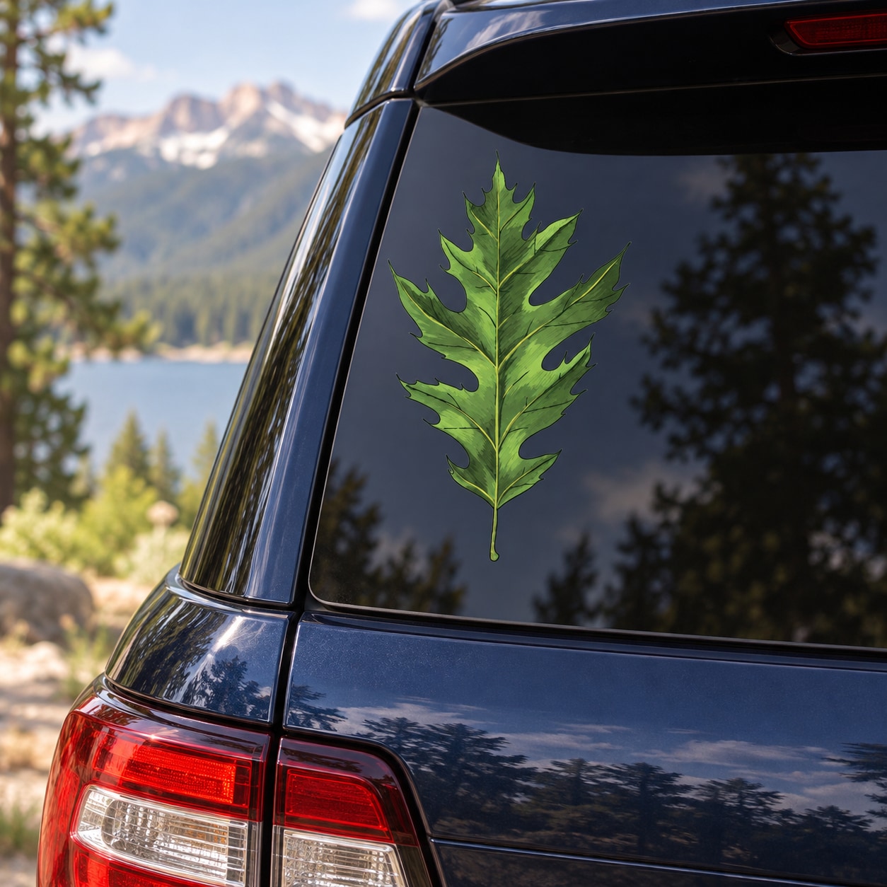 Leaf sticker of a single green leaf on a car window