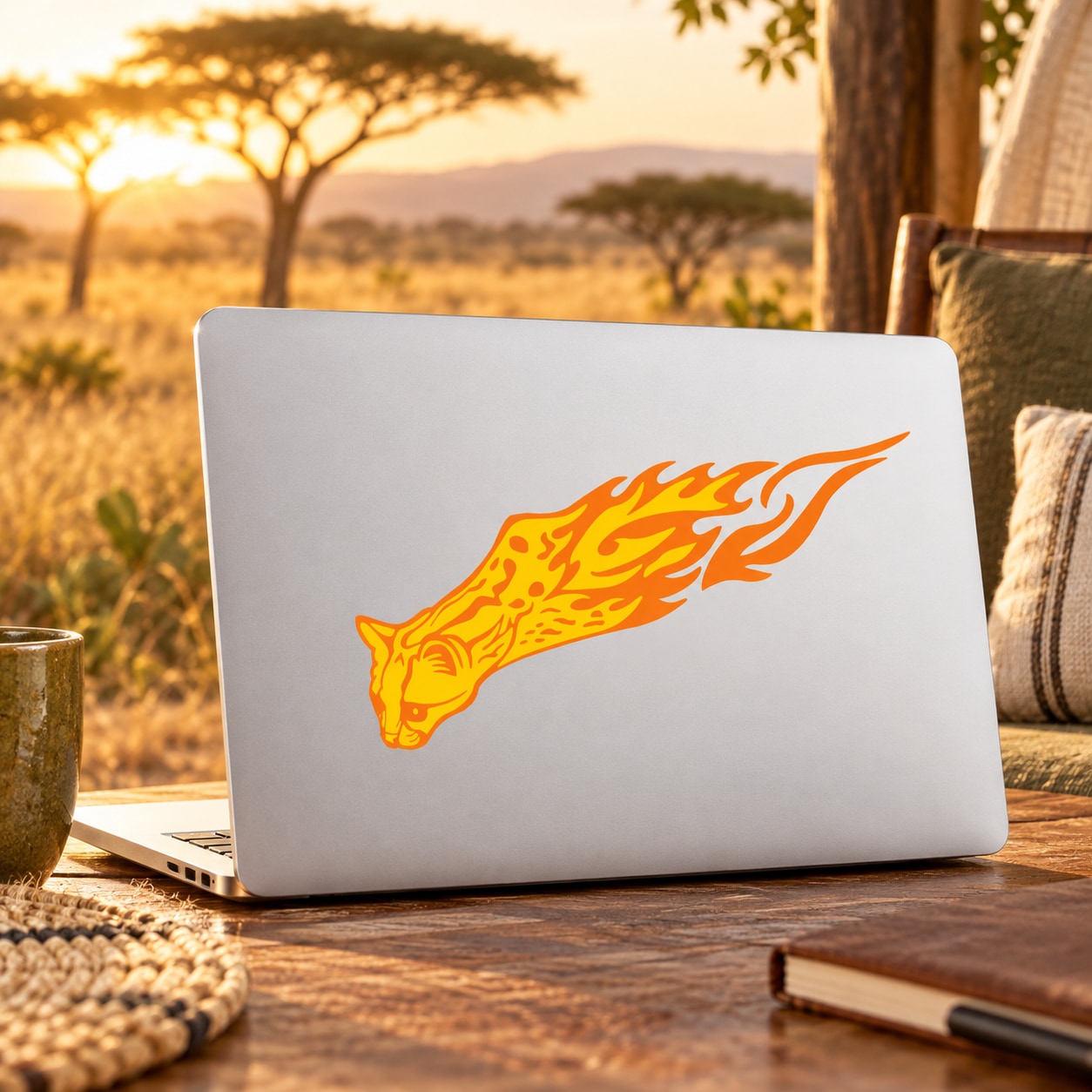 Blazing leopard sticker with orange fiery leopard head graphic on white surface