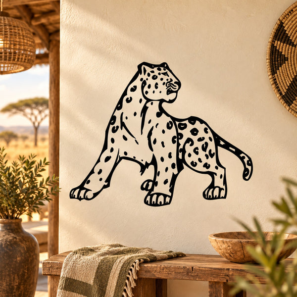Leopard turning wall decal, black and tan spotted big cat silhouette