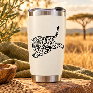 Black leopard chasing decal graphic on white tumbler