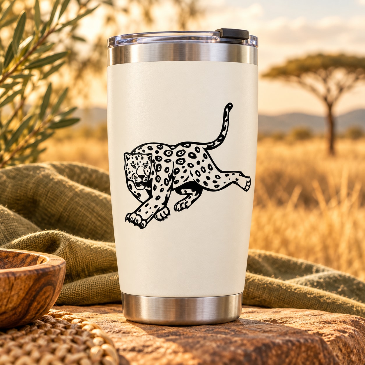 Black leopard chasing decal graphic on white tumbler