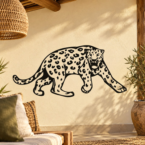 Leopard growling wall decal with black outline spots and open-mouthed face